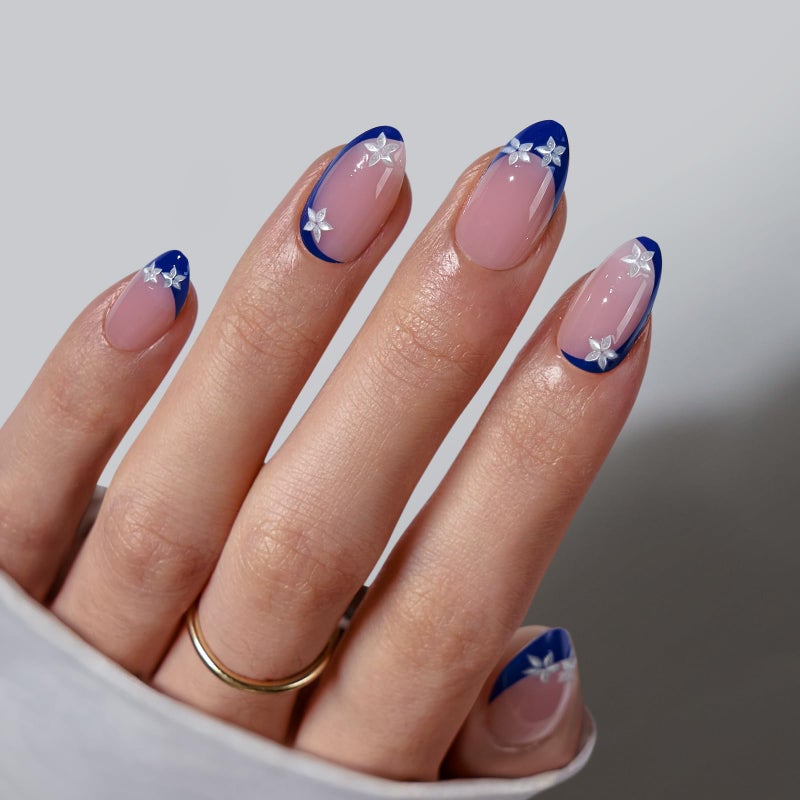 BTArtbox Press On Nails Short  LampCurable Blue French Tip Almond Press On Nails with Glue for Women SemiTransparent Soft Gel Glue On Nails in 16 Sizes  32 Stick On Nails Kit Blue Blossom